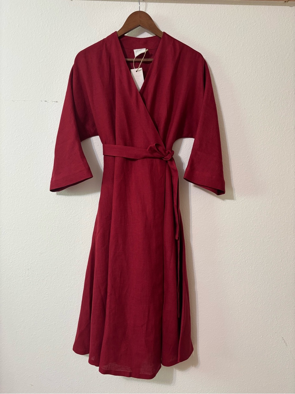 Linen Hand Made Studio ruby red wrap dress with pockets